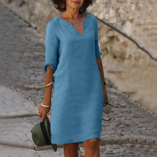Heidi-Mode | Elegantes Leinen Sommerkleid mit V-Ausschnitt
