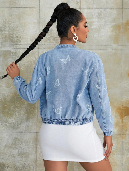 Heidi-Mode | Frauenmode Schmetterling Druck Reißverschluss Elastischer Bund Drop Schulter Denim Jacke Vintage Stehkragen Lose Jeans Oberbekleidung