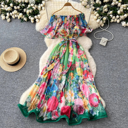 Heidi-Mode | Sommer Off Shoulder Schöne Blume Ferien Kleid Damen Slash Hals Volants Batwing Ärmel Print Lässig A-Linie Strand Kleider