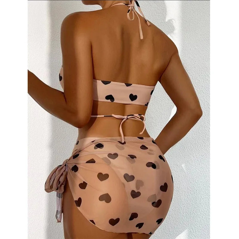 Heidi-Mode | Frauen 3Er Pack Herzprint Bikini Set mit Rock Bandeau Bademode Tanga Bademode Strandbekleidung Push-Up Bikinis Badeanzug