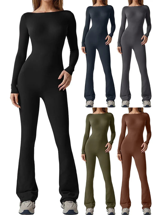 Heidi-Mode | Frauen Sexy Eng Anliegend Rückenfrei Langarm Flare Jumpsuit Bodycon Einfarbig Leggings Romper Playsuit Streetwear