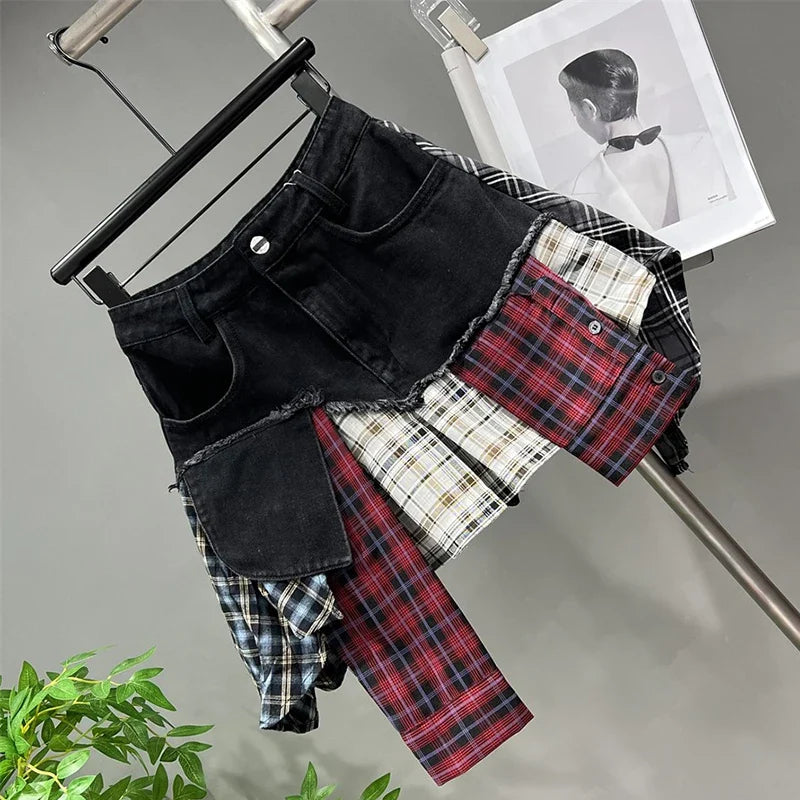 Heidi-Mode | Jahrgang Unregelmäßig Patchwork Kariert Röcke Denim Kurz für Frauen Hohe Taille Eingewickelt Hüfte Mini Rock Sommer Weiblich