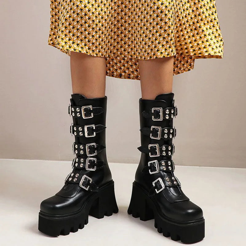 Heidi-Mode | Gothic Schuhe Frauen Schwarz Hochstiefel Weiblich Hohe Absatz Frauen Combat Punk Chunky Dame