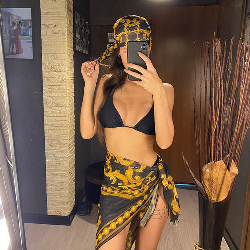 Heidi-Mode | Bedruckte Bikini Satzs Schal & Cover up 4 Teile