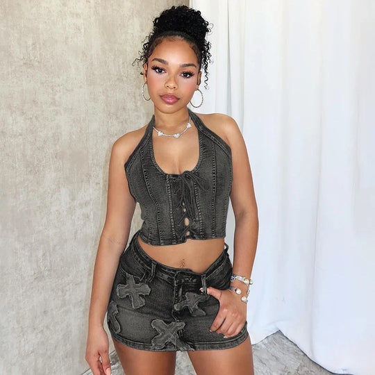 Heidi-Mode | Besticktes Denim Crop Top Mini Micro Y2k Rock Korsatzt Schnürsatz Co Ord