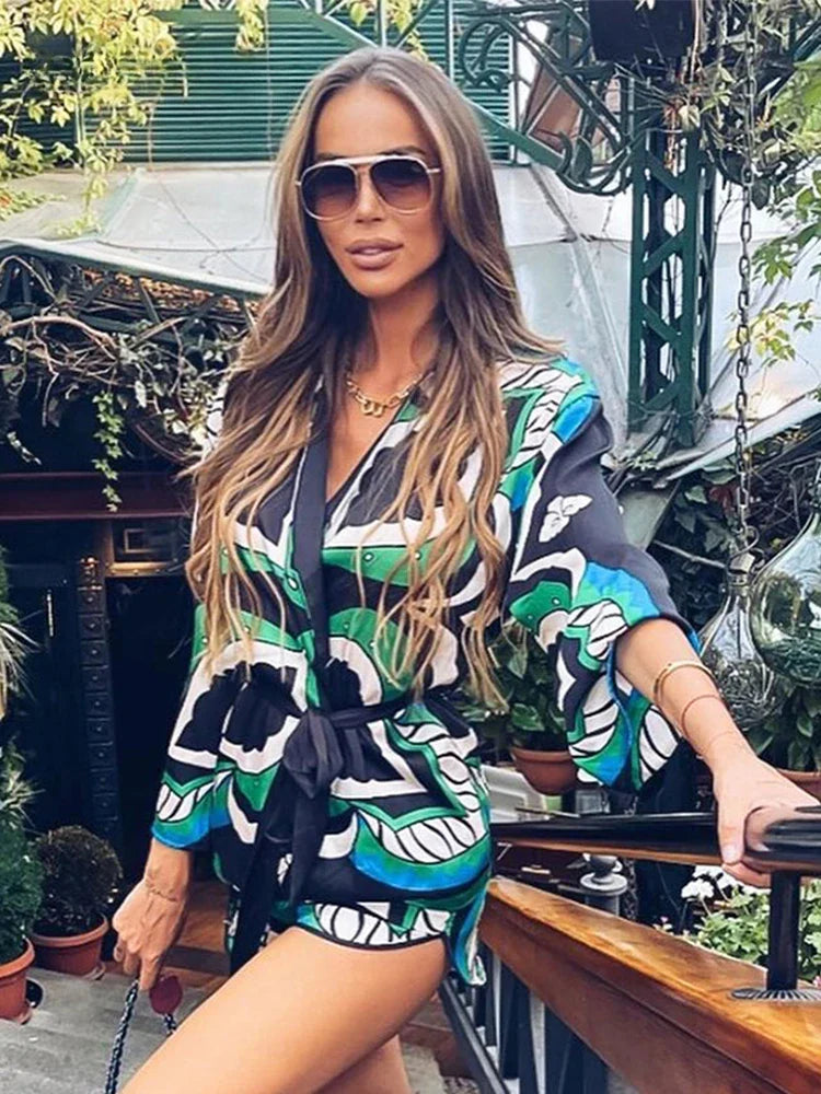 Heidi-Mode | Foridol Übergröße Grün Print Boho Frauen Shorts Set Shirts Shorts Hosen Drei Stücke Mode Set Passende Set Sommer