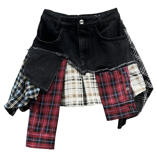 Heidi-Mode | Jahrgang Unregelmäßig Patchwork Kariert Röcke Denim Kurz für Frauen Hohe Taille Eingewickelt Hüfte Mini Rock Sommer Weiblich