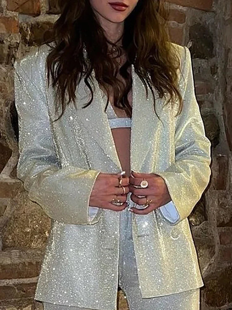 Heidi-Mode | Fantoye Herabgestürzter Kragen Pailletten Frauen Blau Jacke Set Silber Langärmlige Tops Lässige Hosen Frauen Frühling Locker Mode Streetwear