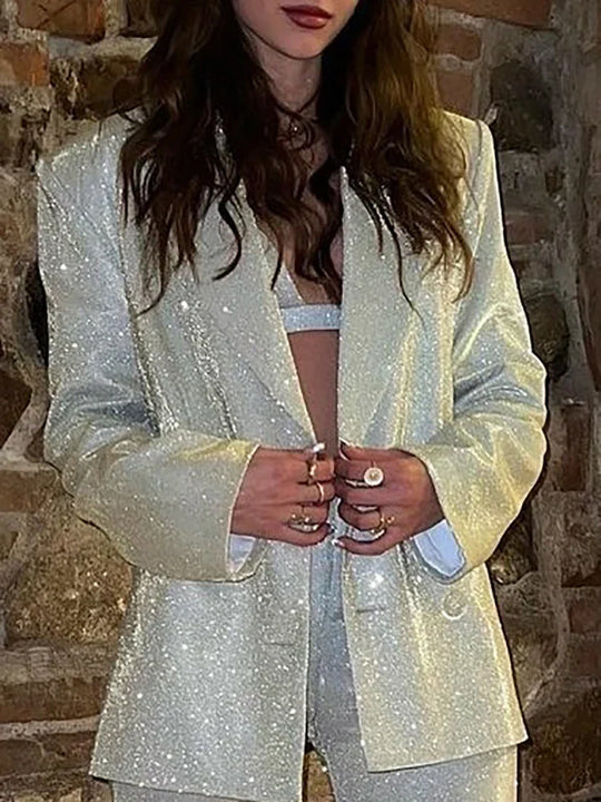 Heidi-Mode | Fantoye Herabgestürzter Kragen Pailletten Frauen Blau Jacke Set Silber Langärmlige Tops Lässige Hosen Frauen Frühling Locker Mode Streetwear
