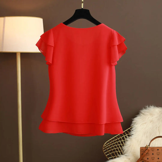 Heidi-Mode | Chiffon Bluse mit O-Ausschnitt und Kurzen Ärmeln