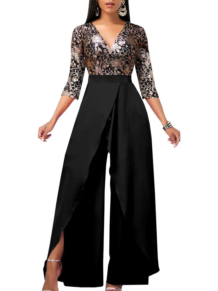 Heidi-Mode | Set Outfit Neu Vergoldet Blumen V-Ausschnitt Locker Passend Jumpsuit aus Einem Modischen Lässigen Stück für Frauen Elegante Frau
