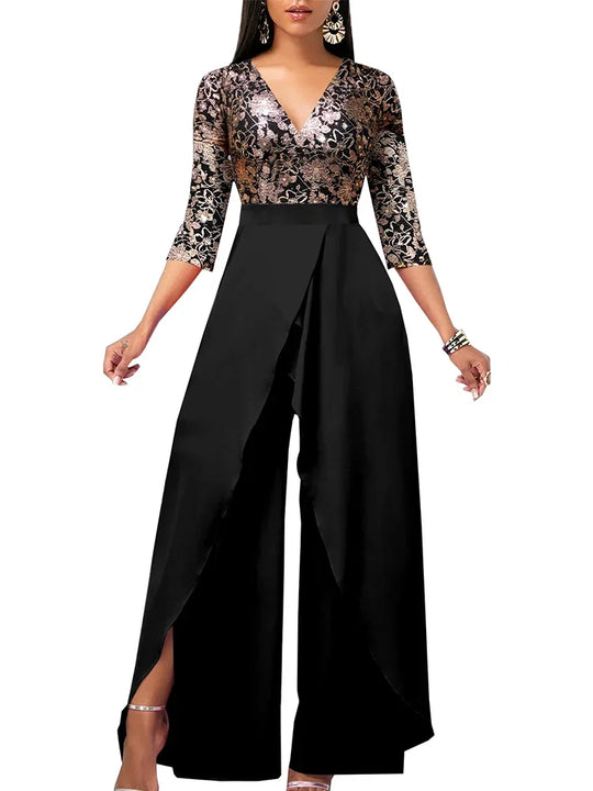 Heidi-Mode | Set Outfit Neu Vergoldet Blumen V-Ausschnitt Locker Passend Jumpsuit aus Einem Modischen Lässigen Stück für Frauen Elegante Frau