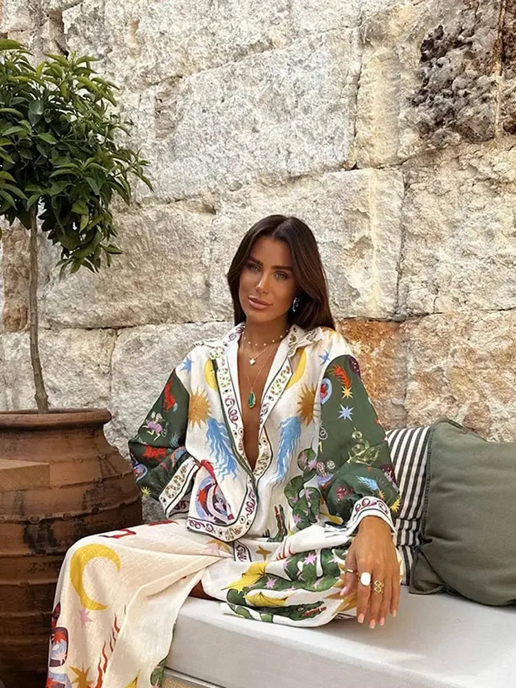 Heidi-Mode | Stilvolle Gedruckte Hosen 2 Teiliges Set Damen Lässige Kragen Einfaches Sakko Bluse Weite Beinhosen Set Damen Pomesia Ferien Set