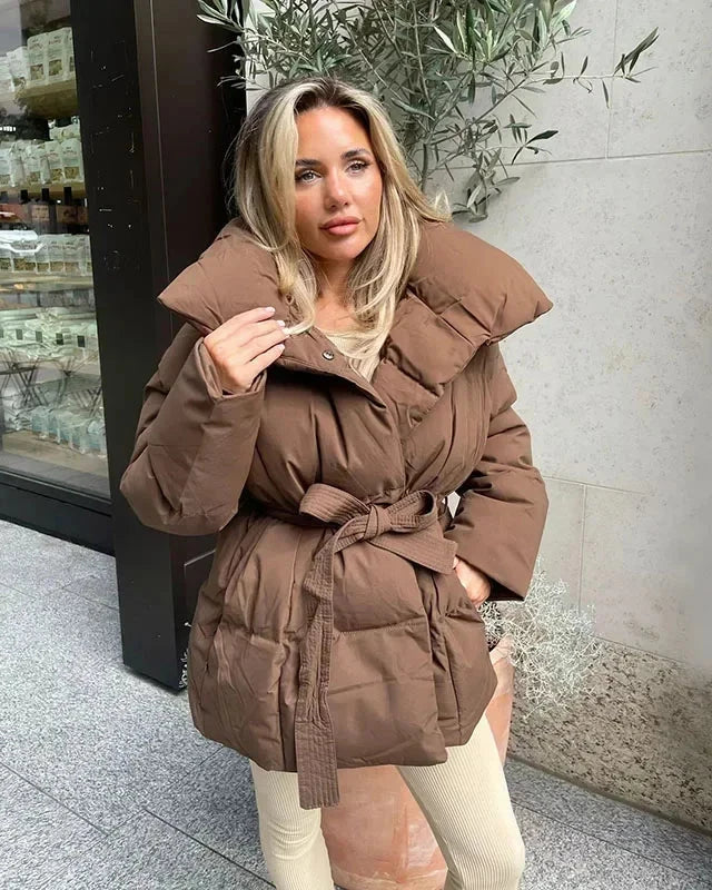 Heidi-Mode | jack mit Gürtel für Damen - warmer brauner Jacke mit oversized Kragen