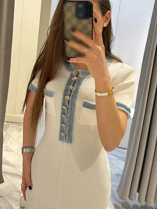 Heidi-Mode | Elegante V-Ausschnitt Denim Patchwork Strick Lange Kleid Frauen Mode Kurzarm Knöpfe Bodycon Kleider Büro Dame Taschen Roben