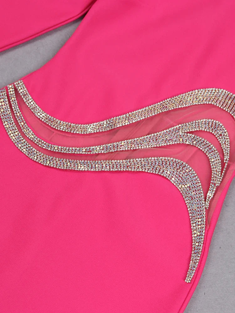 Heidi-Mode | Damen Neue Ein Schulter Langarm Mesh Patch Diamant Bandage Kleid Elegant Sexy Club Abendfest Mini Kleid
