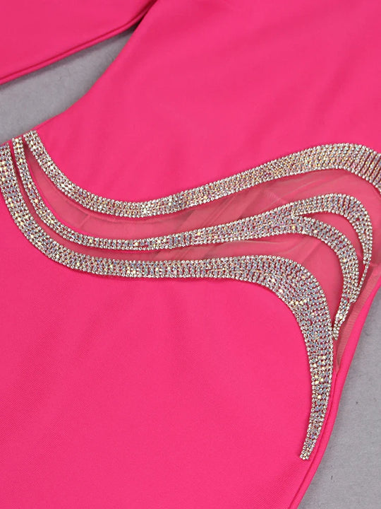 Heidi-Mode | Damen Neue Ein Schulter Langarm Mesh Patch Diamant Bandage Kleid Elegant Sexy Club Abendfest Mini Kleid