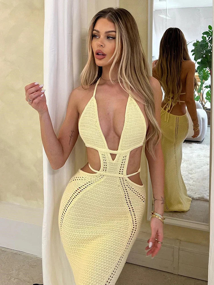 Heidi-Mode | Hollow Out Halter Sexy Mini Kleid Frauen Sommer Neu Ohne Ärmel Rückenfrei Enganliegend Klub Party Strick Tank Kleid Vestido