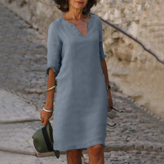 Heidi-Mode | Elegantes Leinen Sommerkleid mit V-Ausschnitt
