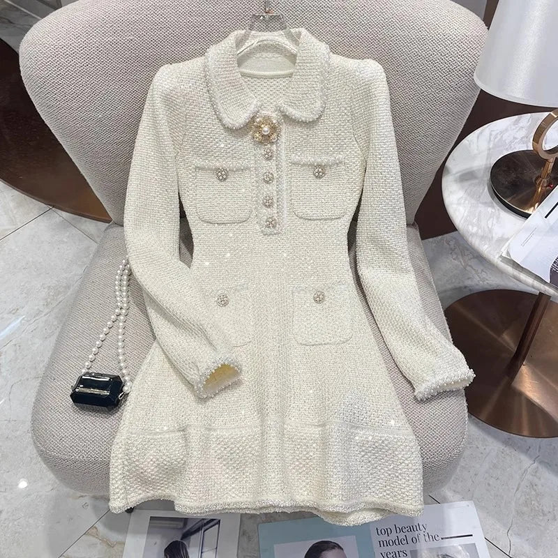 Heidi-Mode | Elegante Luxus Kleine Duft Strickkleid Frauen Pailletten Perlen Knöpfe Trendy Taille Auf Schlank Mini Kleider Frühling Herbst Neu