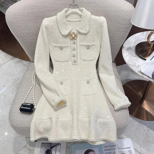 Heidi-Mode | Elegante Luxus Kleine Duft Strickkleid Frauen Pailletten Perlen Knöpfe Trendy Taille Auf Schlank Mini Kleider Frühling Herbst Neu