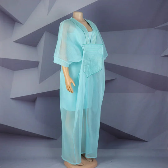 Heidi-Mode | Afrikanisches Modernes Design Blau Mesh Bestickt Tiefer V-Ausschnitt Plus Size Rock mit Unterrock Afroamerikanische Frauen Kleid