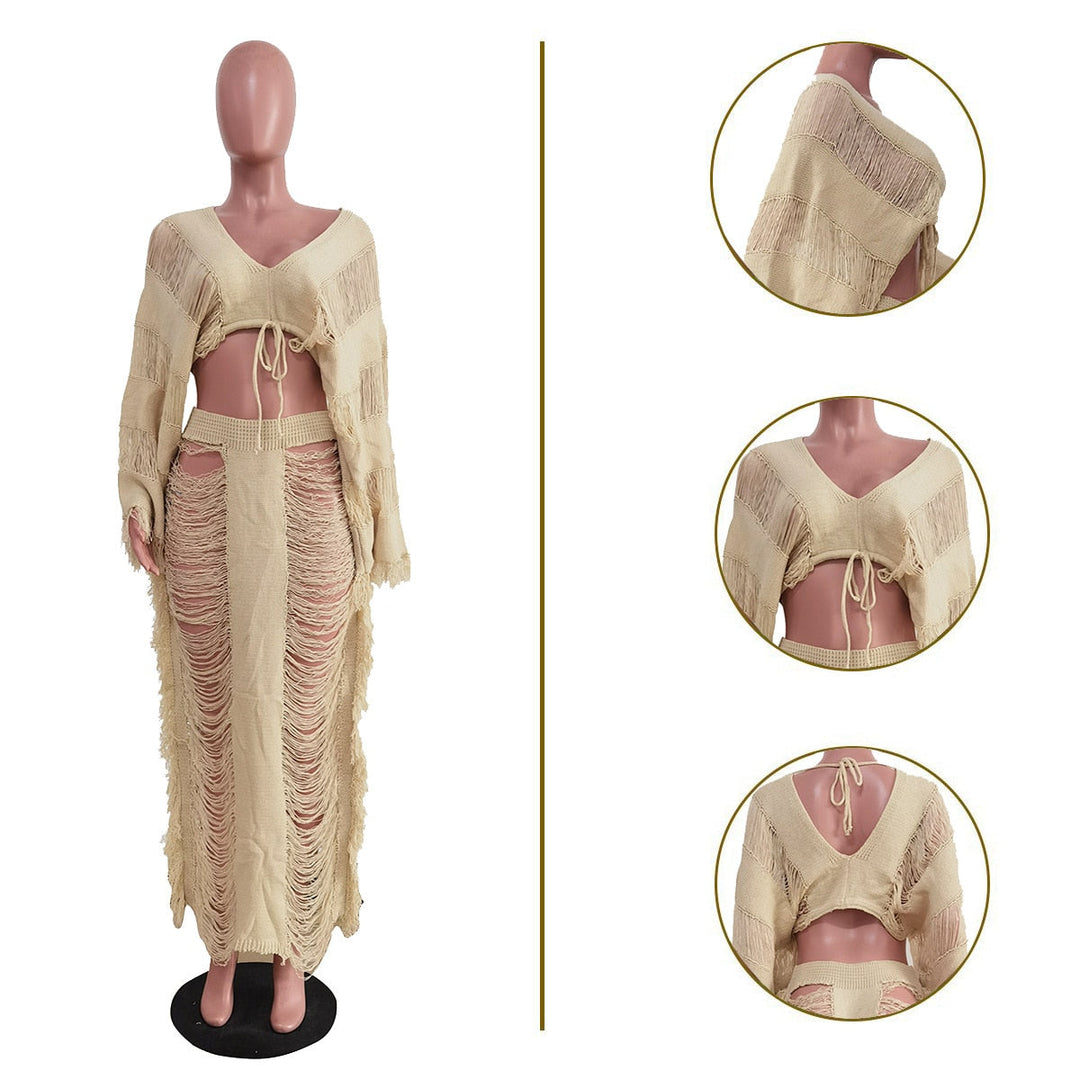 Heidi-Mode | Elegantes Aushöhlen Loch Quaste 2teiligen Satz