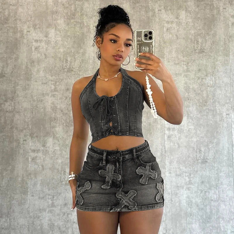 Heidi-Mode | Besticktes Denim Crop Top Mini Micro Y2k Rock Korsatzt Schnürsatz Co Ord
