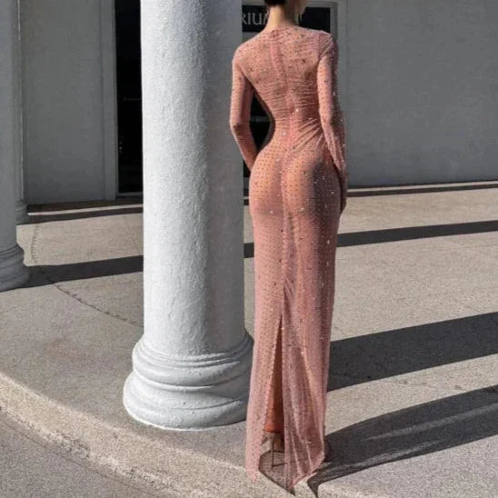Heidi-Mode | Sheer Mesh Split Sparkle Strass Maxi Kleid mit langen Ärmeln für den besonderen Anlass