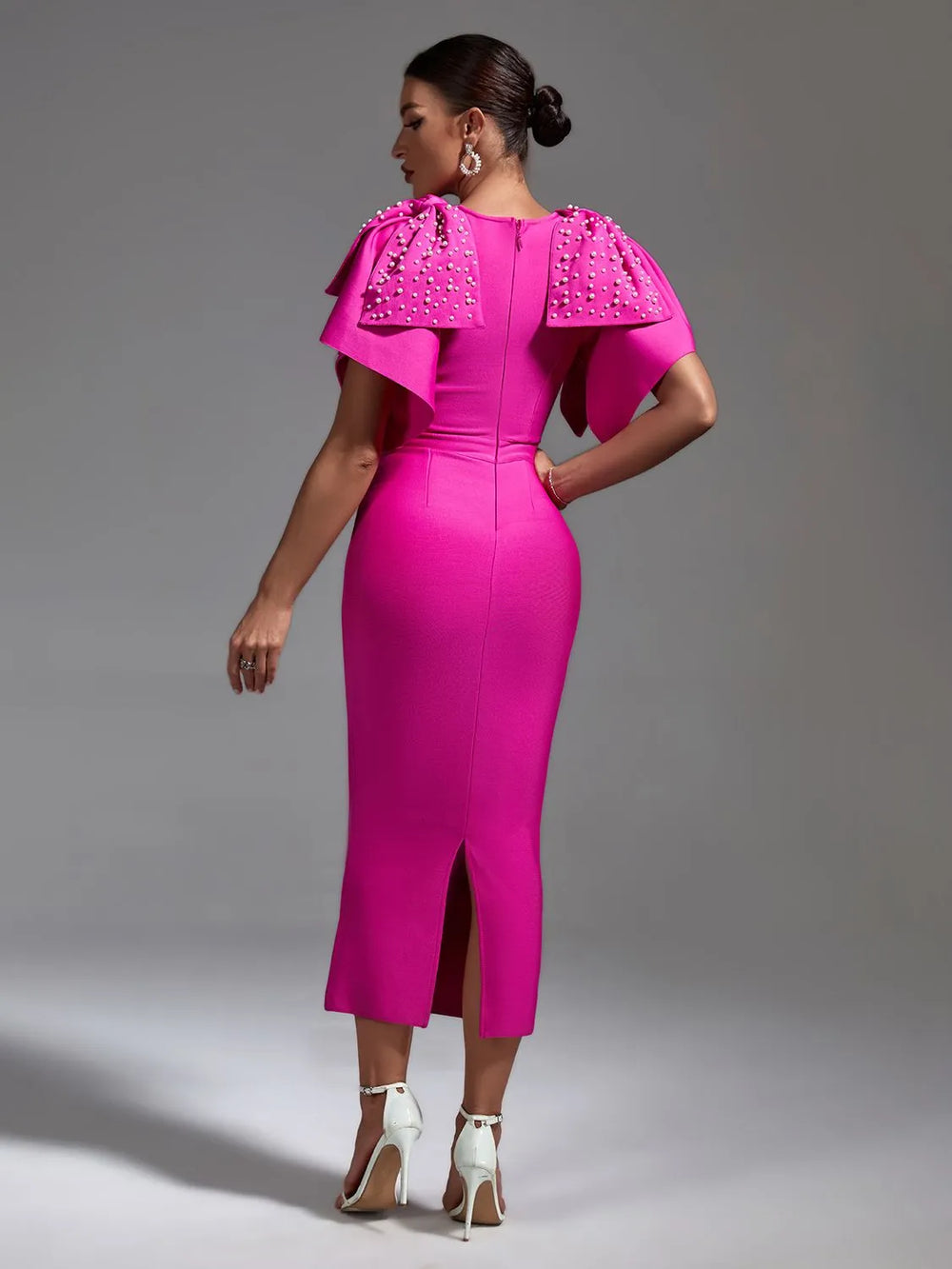 Luxe Fuchsia Perlen Rüsche Ärmel Bandage Midi Kleid für Damen