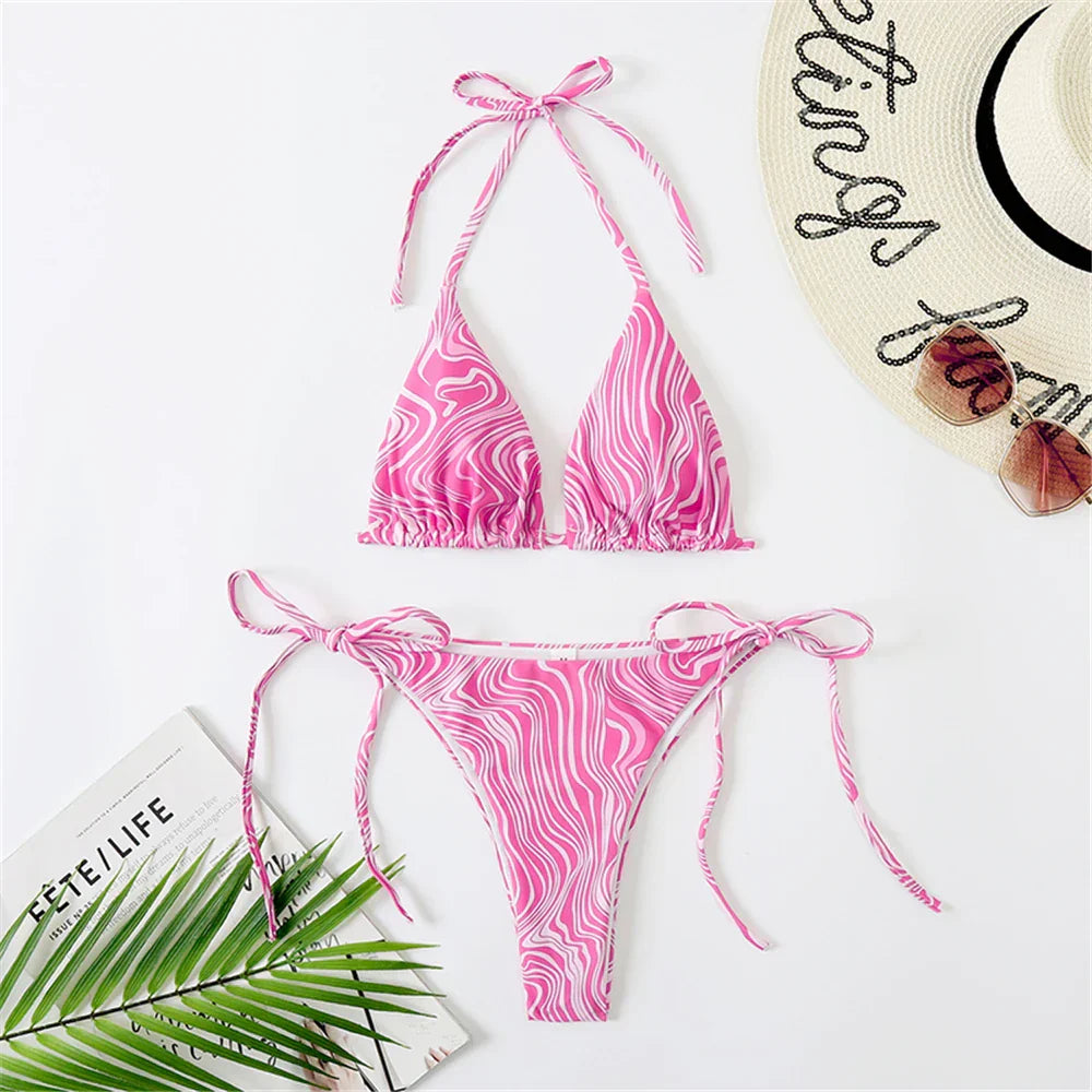 Heidi-Mode | Halter Triangle Sexy Bikini Set Frauen Patentleder Glitzer Badeanzug Sommer Einfarbig G String Bademode Seitenschnürung Monokini