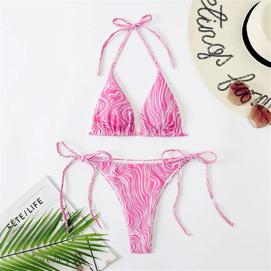 Heidi-Mode | Halter Triangle Sexy Bikini Set Frauen Patentleder Glitzer Badeanzug Sommer Einfarbig G String Bademode Seitenschnürung Monokini