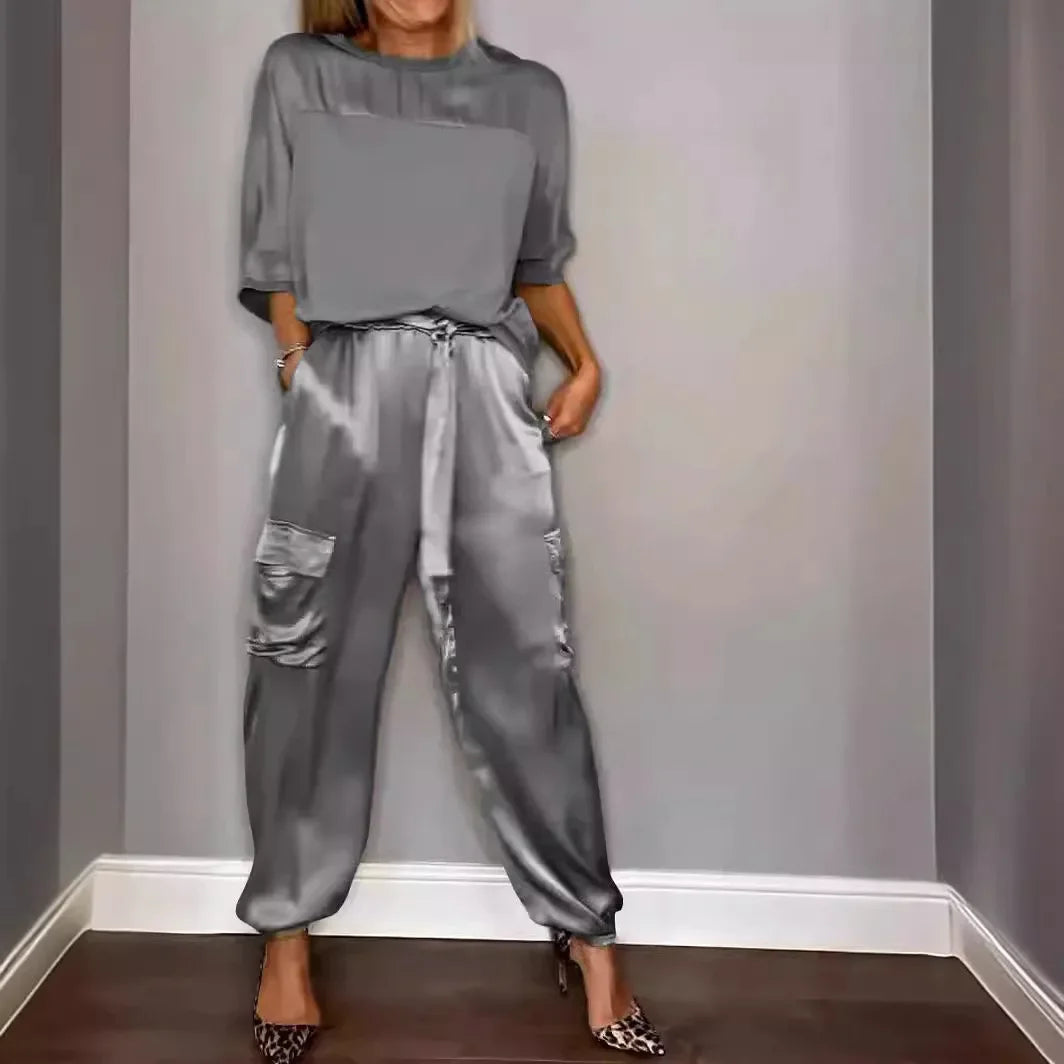 Heidi-Mode | Sommer Satin 2 Teilig Set Frauen Lässig Einfarbig 2 Teilig Outfit Halblange Ärmel Top Lockere Passform Hosen Set Zwei Teilige Set