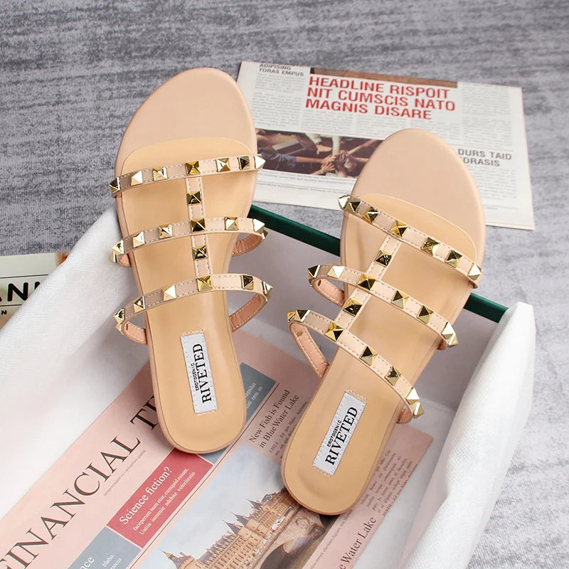 Heidi-Mode | Sommer Frauen Sandalen Damen Freizeit Slipper Flache Schuhe Einfache Stil Mode Nieten Design Gehen und Shoppen Große Größen