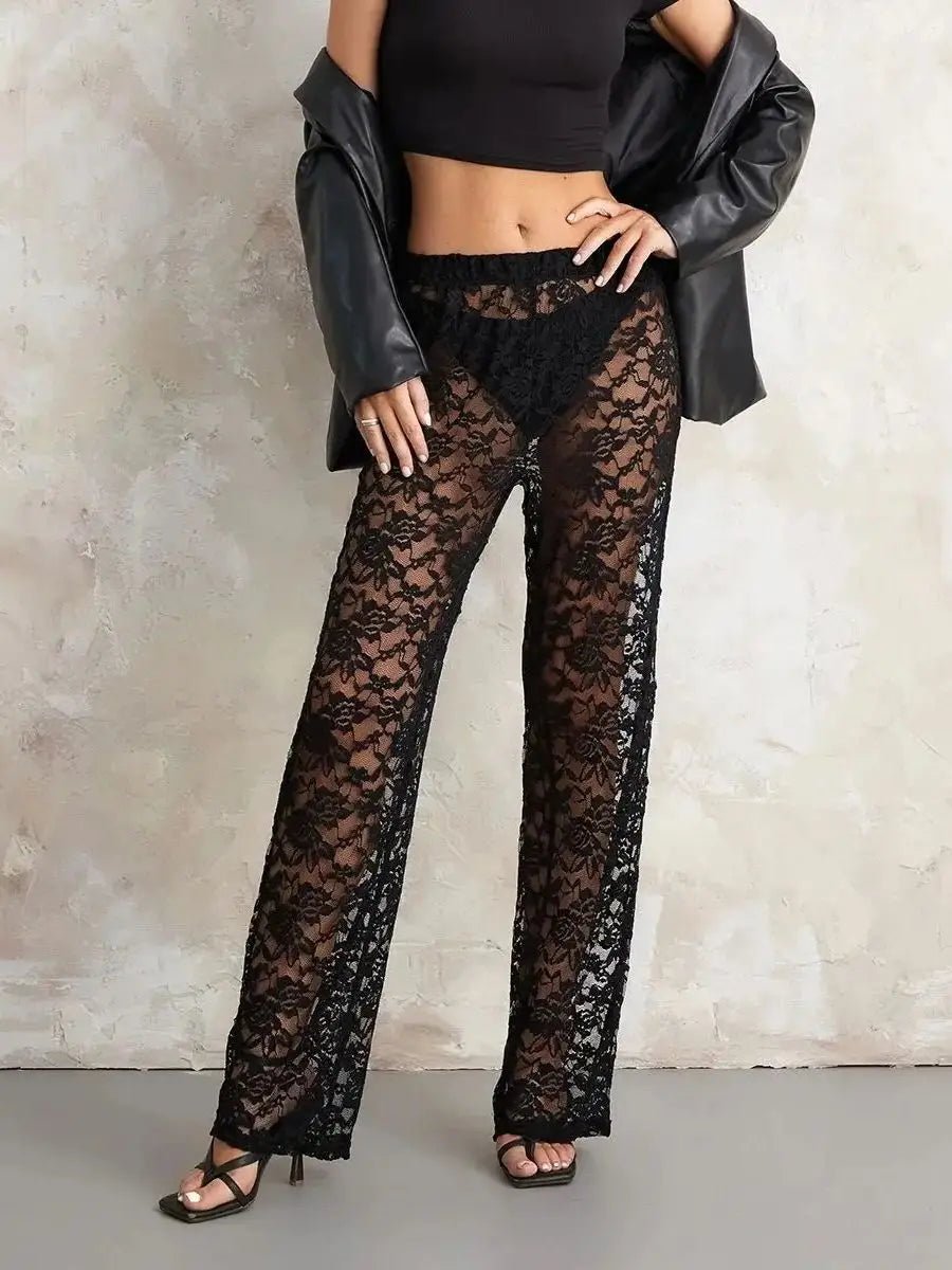 Heidi-Mode | Damen Transparente Spitzenhose Hohe Taille Breite Bein Flare Hose Bell Bottoms Club Strand Sexy Hose Streetwear