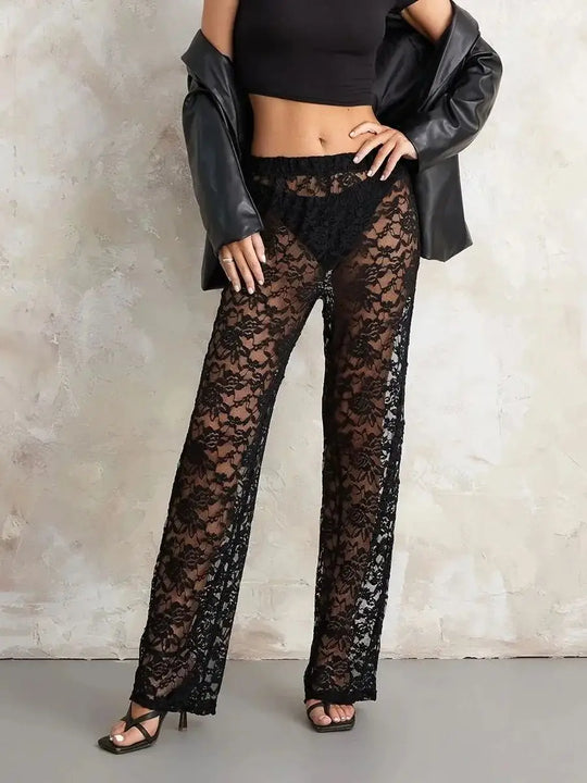 Heidi-Mode | Damen Transparente Spitzenhose Hohe Taille Breite Bein Flare Hose Bell Bottoms Club Strand Sexy Hose Streetwear