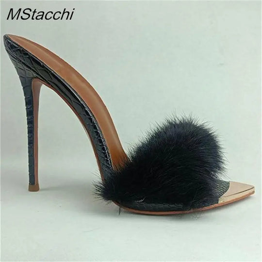 Heidi-Mode | Sommer Furry Mules Schuhe Peep Toe Dünne Absätze Slippers Frauen Sxy Metall Dekoration Spitz Zehe Gladiator Sandalen Fest Stiletto