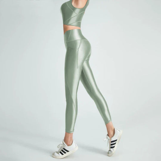 Heidi-Mode | Satin Glänzende Damen Bademode Weste Öl Hohe Taille Hose Glatte Fitness Gloss Yoga Lauf Sweatset Leggings