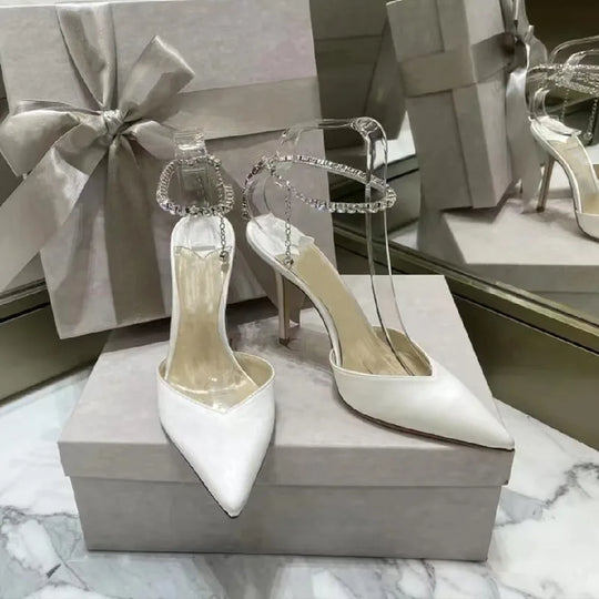 Heidi-Mode | Satin Strass Kette High Heels Schuhe Pumps