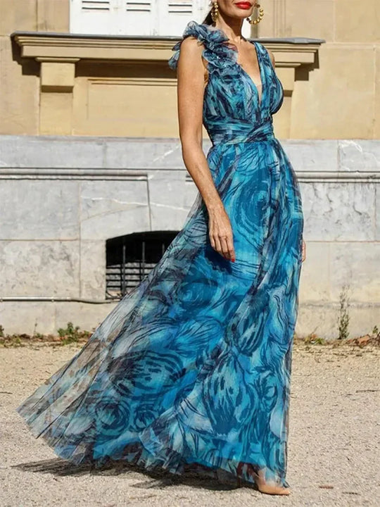 Heidi Maxi-Kleid mit raffiniertem Ausschnitt und gerüschten Trägern