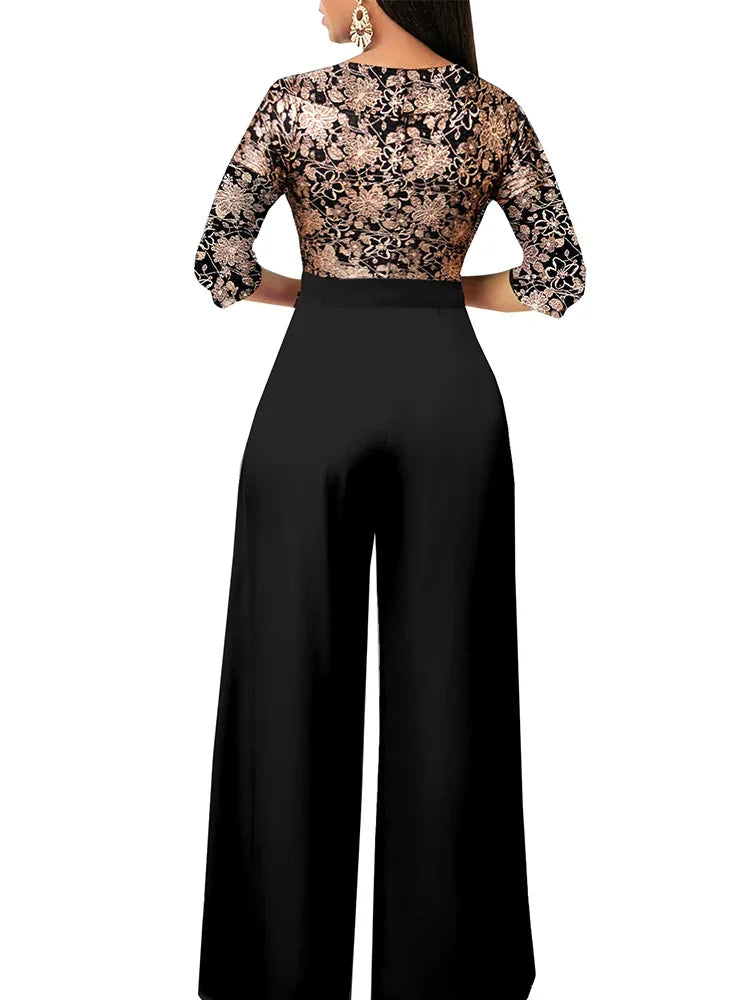 Heidi-Mode | Set Outfit Neu Vergoldet Blumen V-Ausschnitt Locker Passend Jumpsuit aus Einem Modischen Lässigen Stück für Frauen Elegante Frau