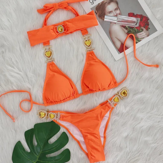 Heidi-Mode | Pink Sexy Bikinis Schwimmbekleidung mit Herz Strass Damen Bademode Female Push-Up Bikini Strand Bademode Badeanzüge Pool Badebekleidung