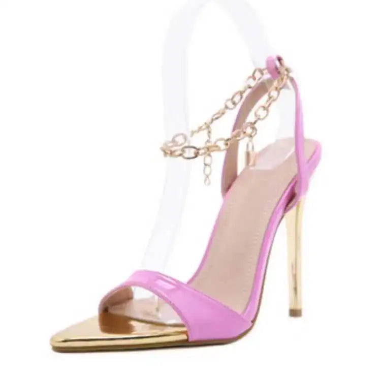 Heidi-Mode | Übergrenze Größe Neu Frauen Pumps Candy Farbe Spitz Zehen Stiletto High-Heels Fashion Sandalen Metallkette Spot