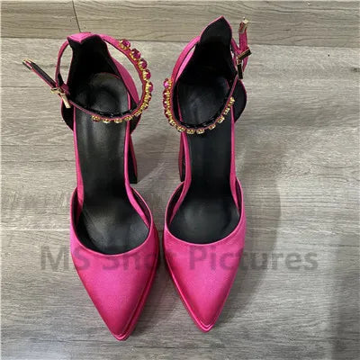 Heidi-Mode | Luxus Frauen High-Heels Schuh Plattform Sandalen Spitz Zehe Damen Seiden Pumps Sexy Strass Schnalle Chunky Absatz Hochzeitsschuhe