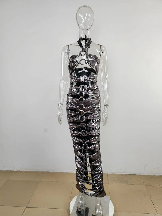 Heidi-Mode | Halter Metall Schnalle Hohles Rückenfreies Langkleid