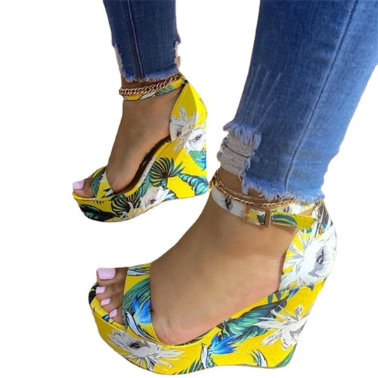 Heidi-Mode | Blumen Offene Zehen Hohe Keil Sandalen