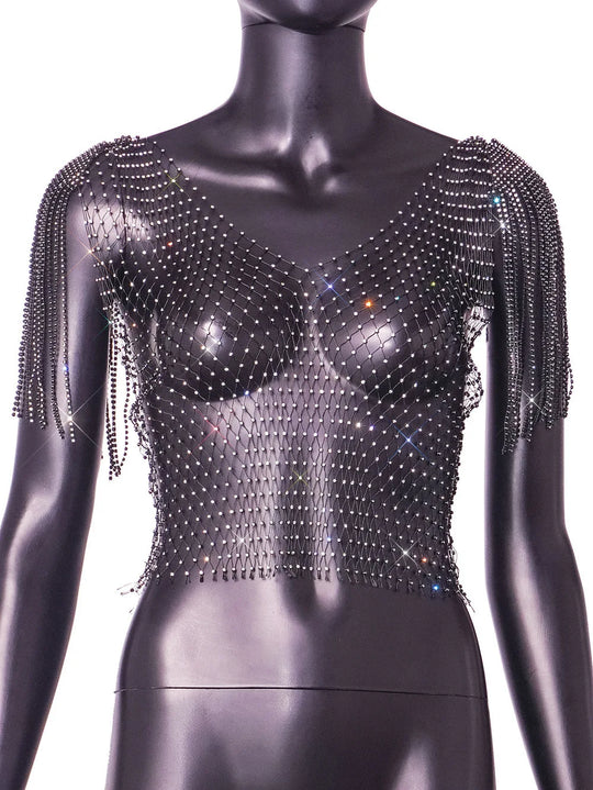 Heidi-Mode | Damen Sexy V-Ausschnitt Strass Kurz Crop Top Bling Kristall Fransen Schulter Dekor Diamant Fischernetz Shirt