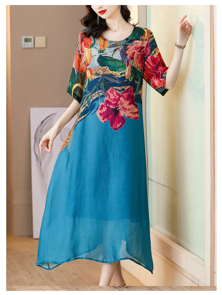 Heidi-Mode | Kurzes Ärmelig Seidenkleid mit O-Ausschnitt