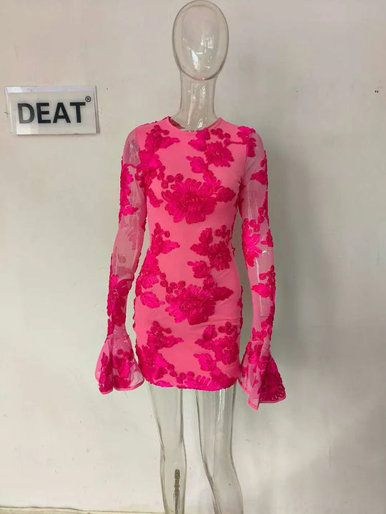 Heidi-Mode | Herbstmode Trendy Frauen'S Stickerei Blume Rücken Hollow Out Kleid O-Ausschnitt Flare Ärmel Kleider Female