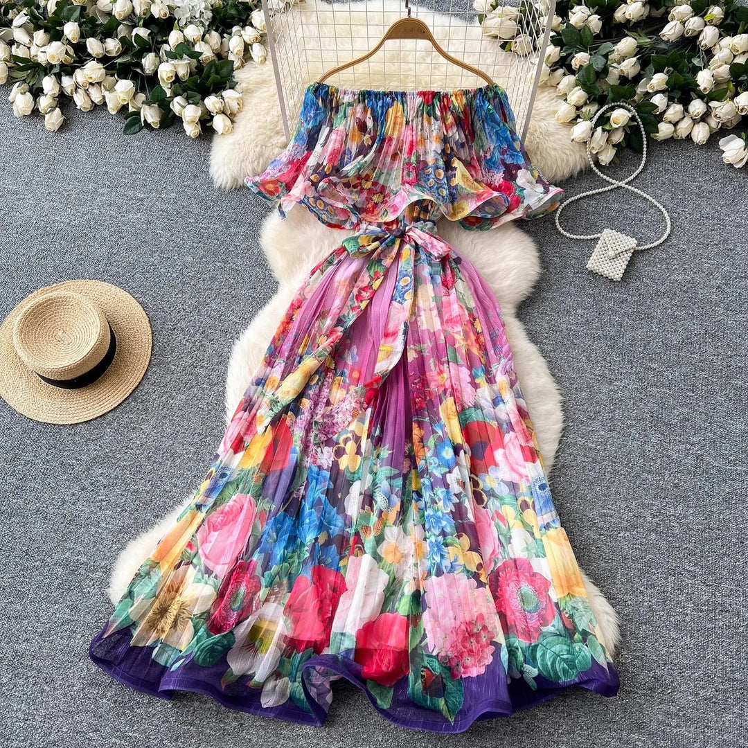 Heidi-Mode | Sommer Off Shoulder Schöne Blume Ferien Kleid Damen Slash Hals Volants Batwing Ärmel Print Lässig A-Linie Strand Kleider